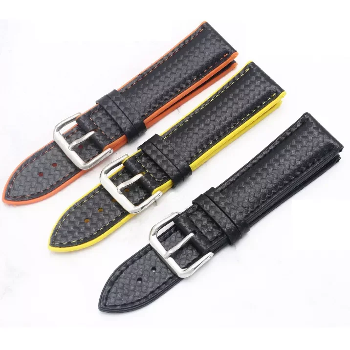 

18mm 20mm 22mm Silicone Strap Carbon Fiber Leather Sweat proof Rubber Replacement Bracelet Band Men Watch Accessories Orange