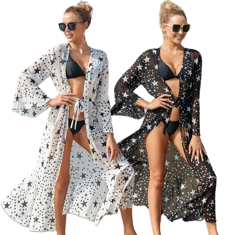

Women Bikini Swimsuit Cover Up Open Front Maxi Long Kimono Cardigan Five-Pointed Star Print Chiffon Ruffled Beach Dress