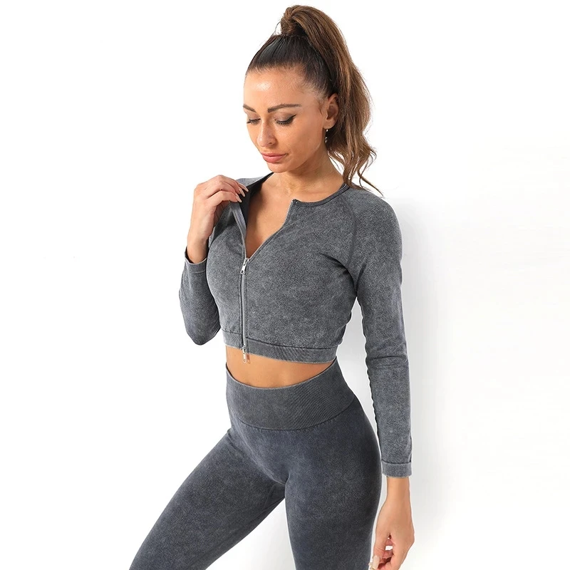 

Women's Long Sleeve Top Woman Sports Crop Zipper Top Gym Clothing For Women Wash Style Workout Jacket Sport Yoga Top For Fitness