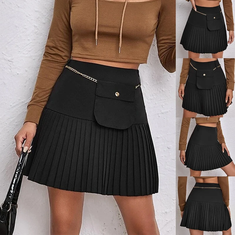 

Summer Short Casual Skirt Side Zipper Solid Color High Waist Pleated Skirt