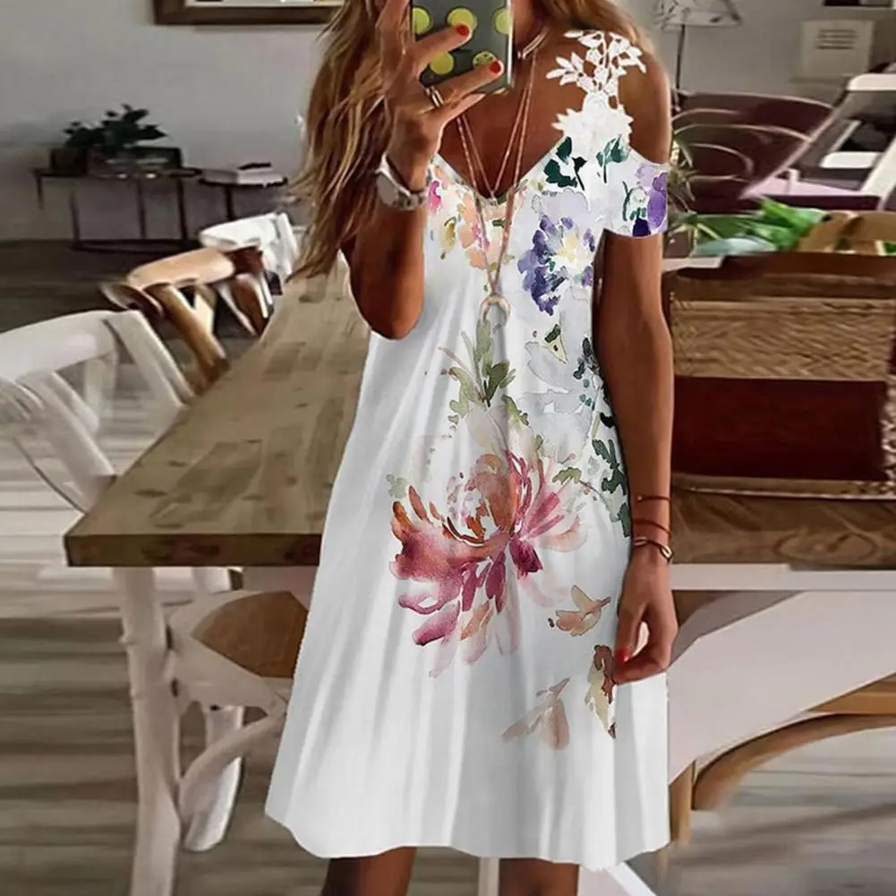 V-neck Cold Shoulder Short Sleeve Beach Dress Women Floral Print Lace Sling Dress Streetwear