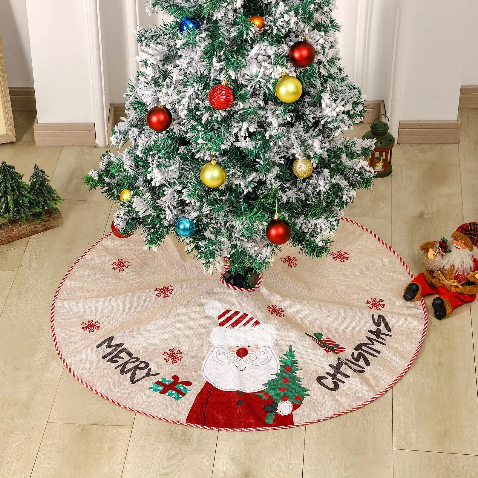 

Round 100CM Imitation Flax Fabric Printed Santa Claus Tree Skirt Christmas Tree Apron Decoration 2024 Xmas Small Rug Ornament