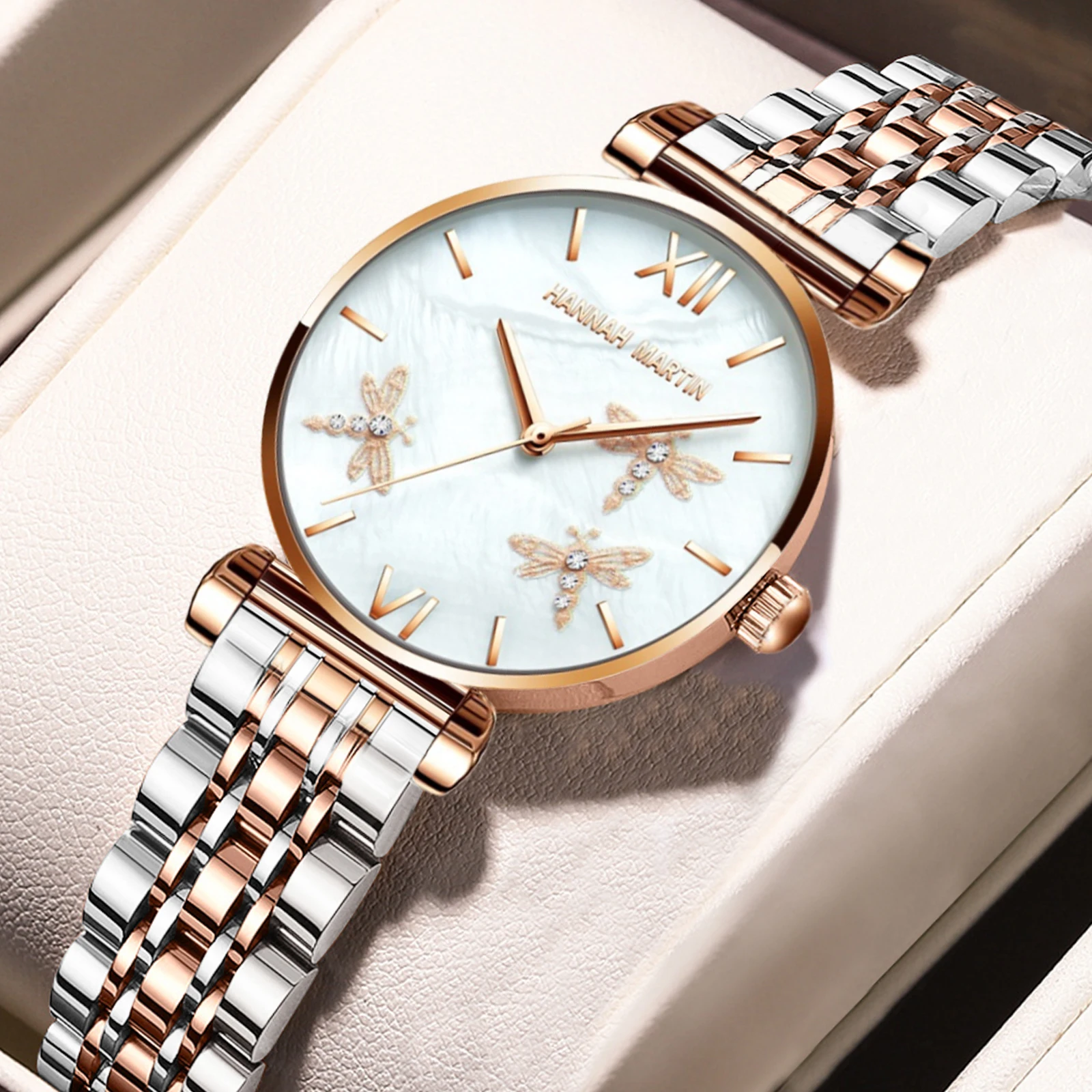 Модные женские часы роскошные 3ATM водонепроницаемые 36 мм циферблат 3D стрекоза