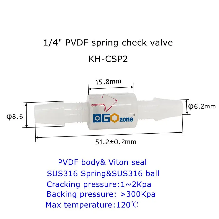 

1/8 "3/16" 1/4" ПВДФ пружинный обратный клапан односторонний с зазубринами клапан сопротивления озону, разъем OD3,2 мм 4,7 мм 6 мм, защита от озона DGOzone