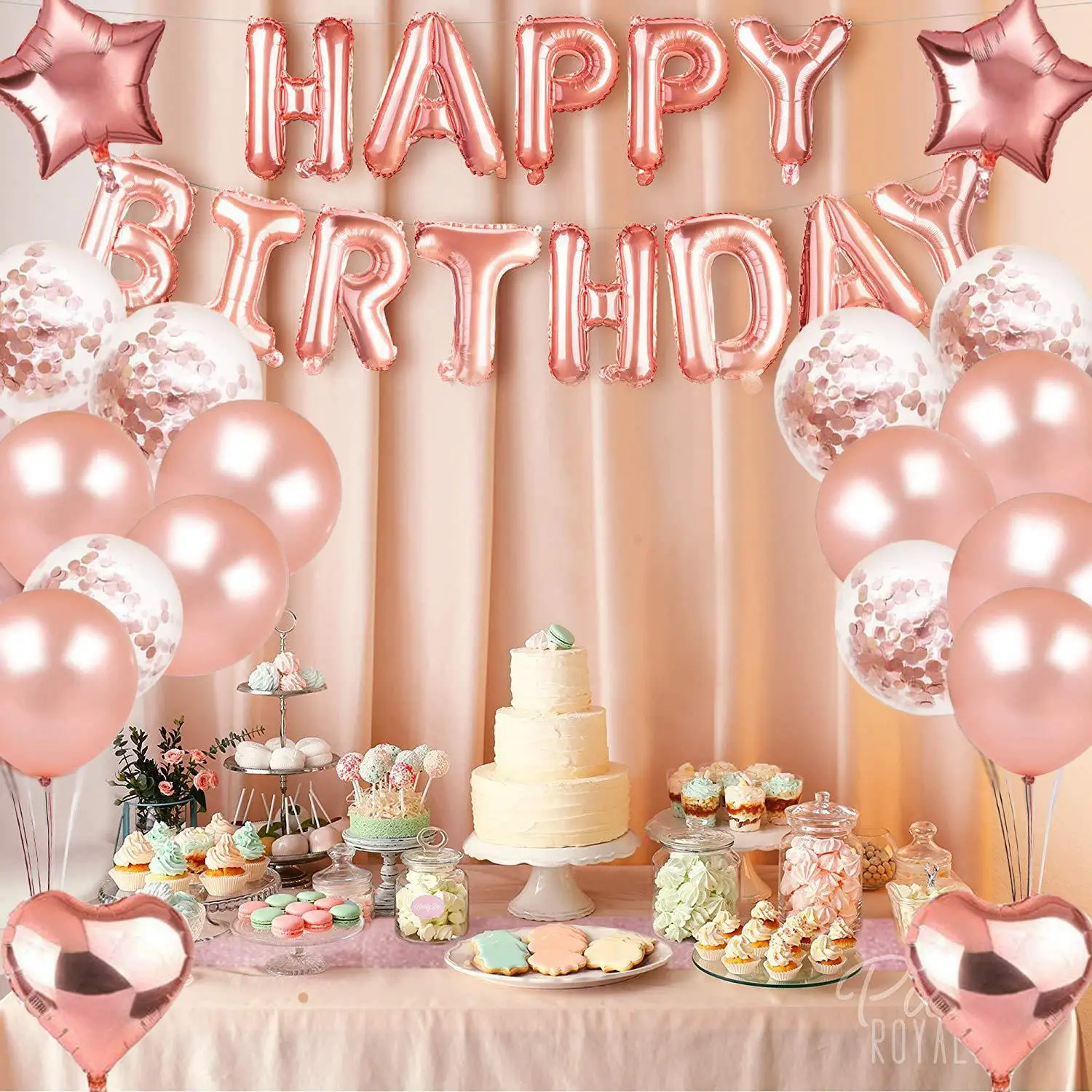 

Happy Birthday Rose Gold Balloons 38 Pcs Rain Curtain Confetti Latex Balloons Heart-shaped Pentagram Balloons Party Decorations