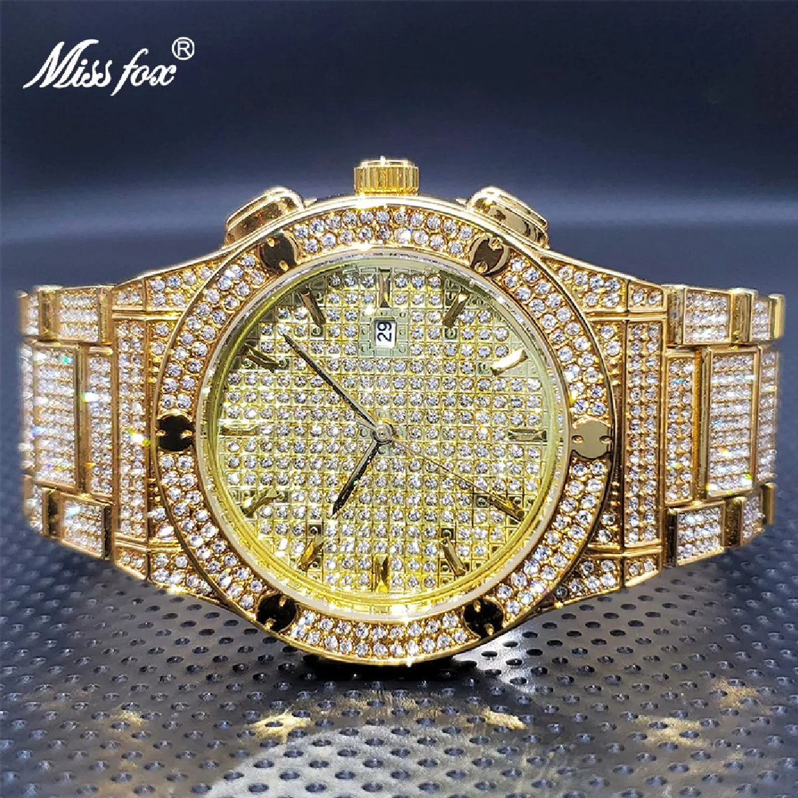 

18K Gold Watch for Big Man MISSFOX Luxury Classic Auto Calendar Full Diamond Bracelet Quartz Watches Droshipping Orologio uomo