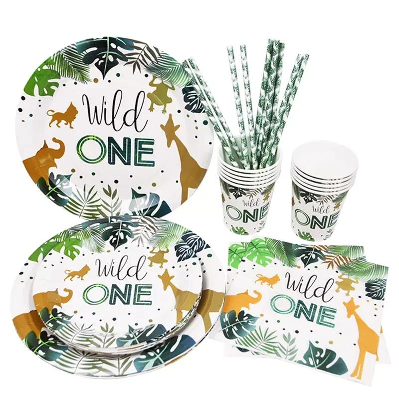

Wild One Disposable Party Tableware Safari Jungle Birthday Party Decoration Kids Disposable Paper Plate Cup Baby Shower Supplies