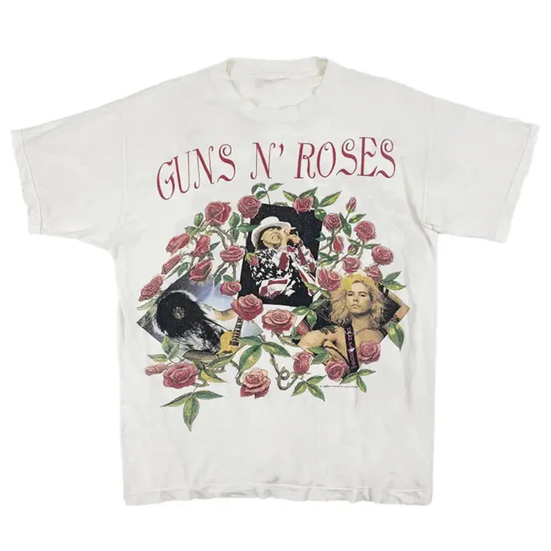

Rose Gun Flower Short-sleeved Washed Loose White T-shirt Men and Women Crew Neck Oversized Casual Hip Hop Summer Top Tees