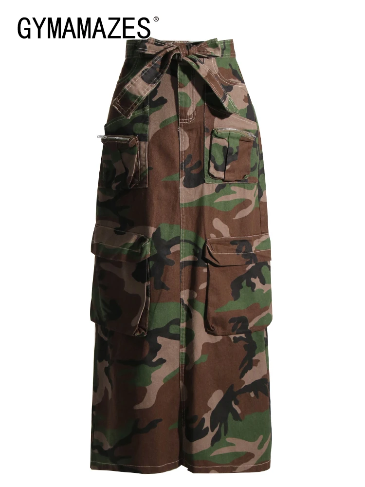

GYMAMAZES Slim Patchwork Pocket Skirts For Women High Waist A Line Spliced Lace Up Summer Denim Camouflage Skirt Female Fashion
