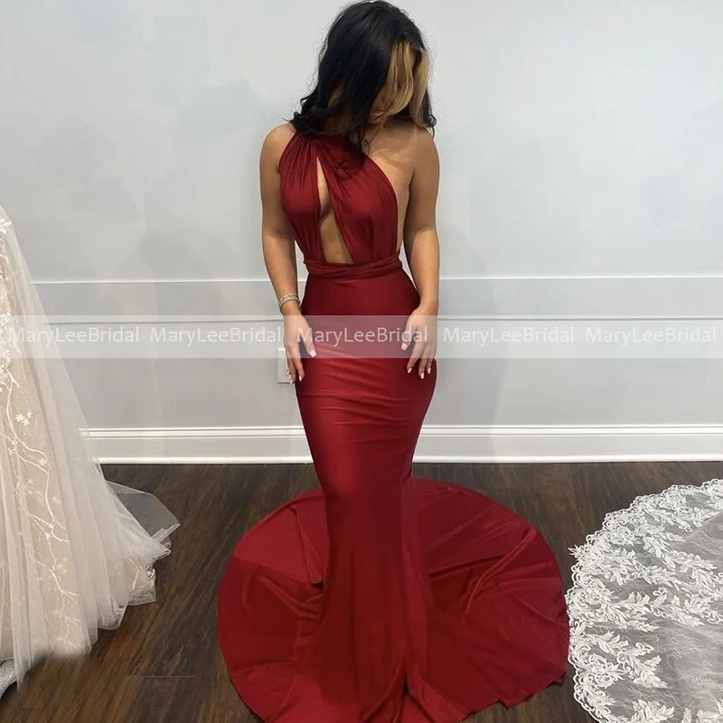 

Соблазнительные красные платья на одно плечо для выпускного вечера с бретелькой без рукавов с рюшами облегающие Вечерние Платья-макси с юб...