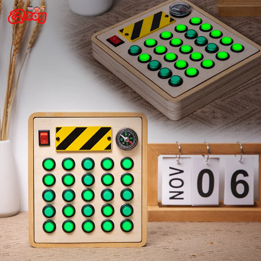 

Montessori Busy Board Toy Wooden LED Light Buttons Sensory Board Game Toddlers Children Compass Learning Education Life Skill