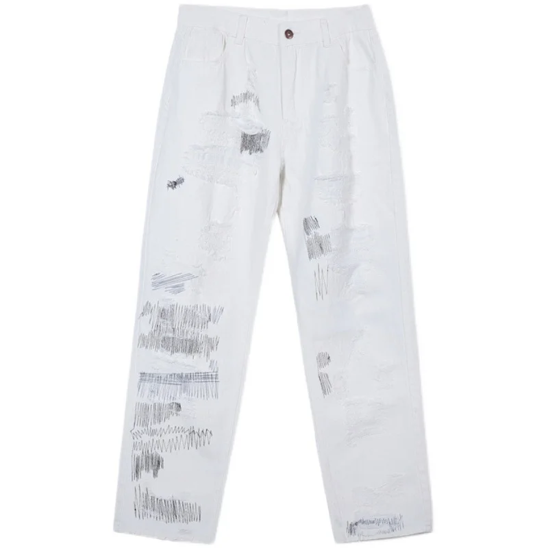 DEEPTOWN Ripped Straight Jeans for Men Hip Hop Straight Denim Pants Hole Fashion Trousers Male Black White Loose Casual Spring