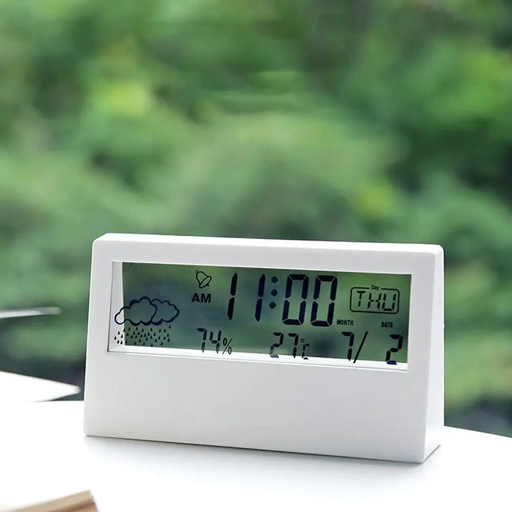 

Creative LED Transparent Alarm Clock Luminous Multifunction Alarm Clocks Weather Temperature and Humidity Desktop Ornament Clock