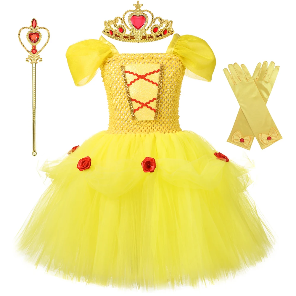 

Belle Cosplay Costume for Girls Christmas Halloween Tutu Dress Kids Birthday Party Outfit Princess Dresses with Crown Wand Glove