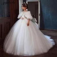 2022 white glitter flower girl dresses for weddings ball gowns elegant princess pageant dress short sleeves sequins party gown