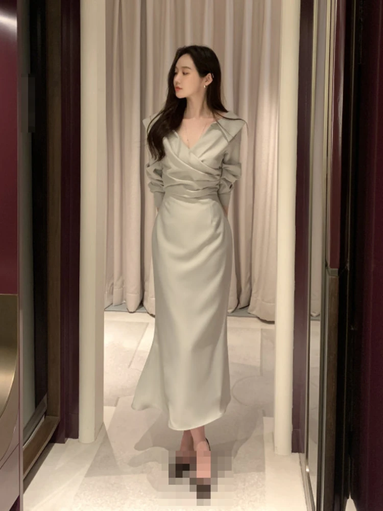 

New Fashion Women's Dress Commuter Pleats with Solid Lapels and Regular Sleeves Vestido Casual Party Dress for Women 2023