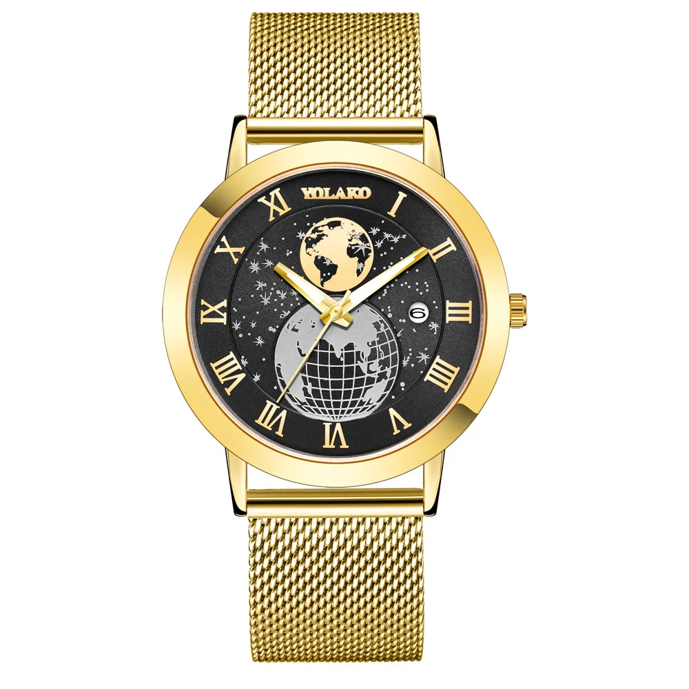 2023 Hot selling men's map Roman design calendar quartz watch fashion stainless steel mesh belt men's watch