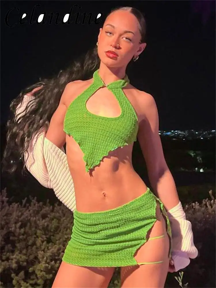 

Celandine 2023 Summer Sexy Beach Party Dress 2 Piece Set Haler Crop Top And Mini Skirt Knit Outfits Women Holiday Matching Sets