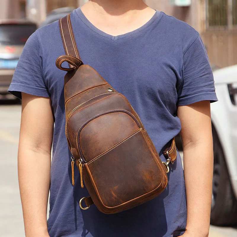 

Crazy horse leather chest bag retro first layer cowhide men's shoulder messenger bag European and American personality fashion b