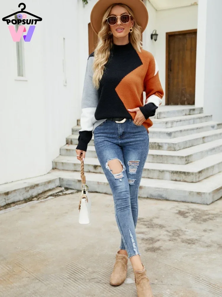 Женский свитер с геометрическим узором Свободный пуловер круглым вырезом и