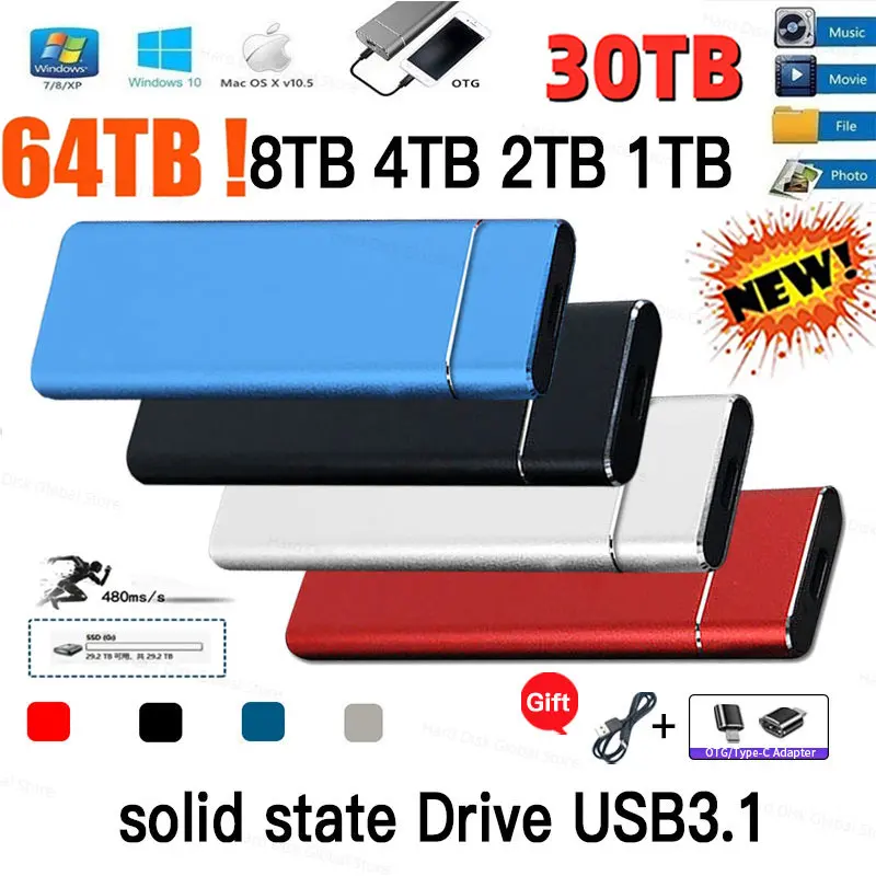 

2023 500GB Portable SSD Type-C USB3.1 2TB External Mobile Solid State Drive High Speed 1TB Hard Drive For Laptop Mass Storage