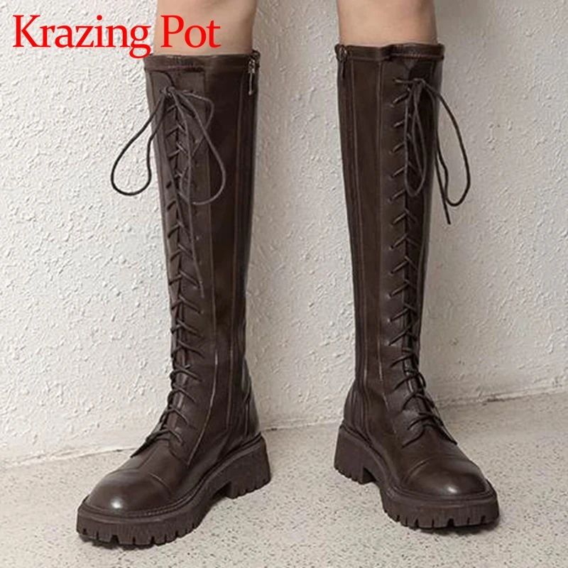 

Krazing Pot Full Grain Leather Round Toe Med Heel Riding Boots Cross-tied Big Size 43 Zip Street Wear Platform Thigh High Boots