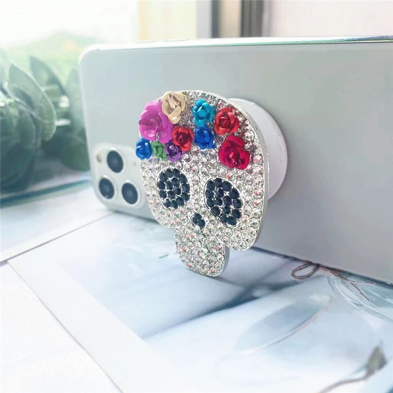 Портативный Блестящий бриллиантовый кронштейн в виде черепа складной держатель