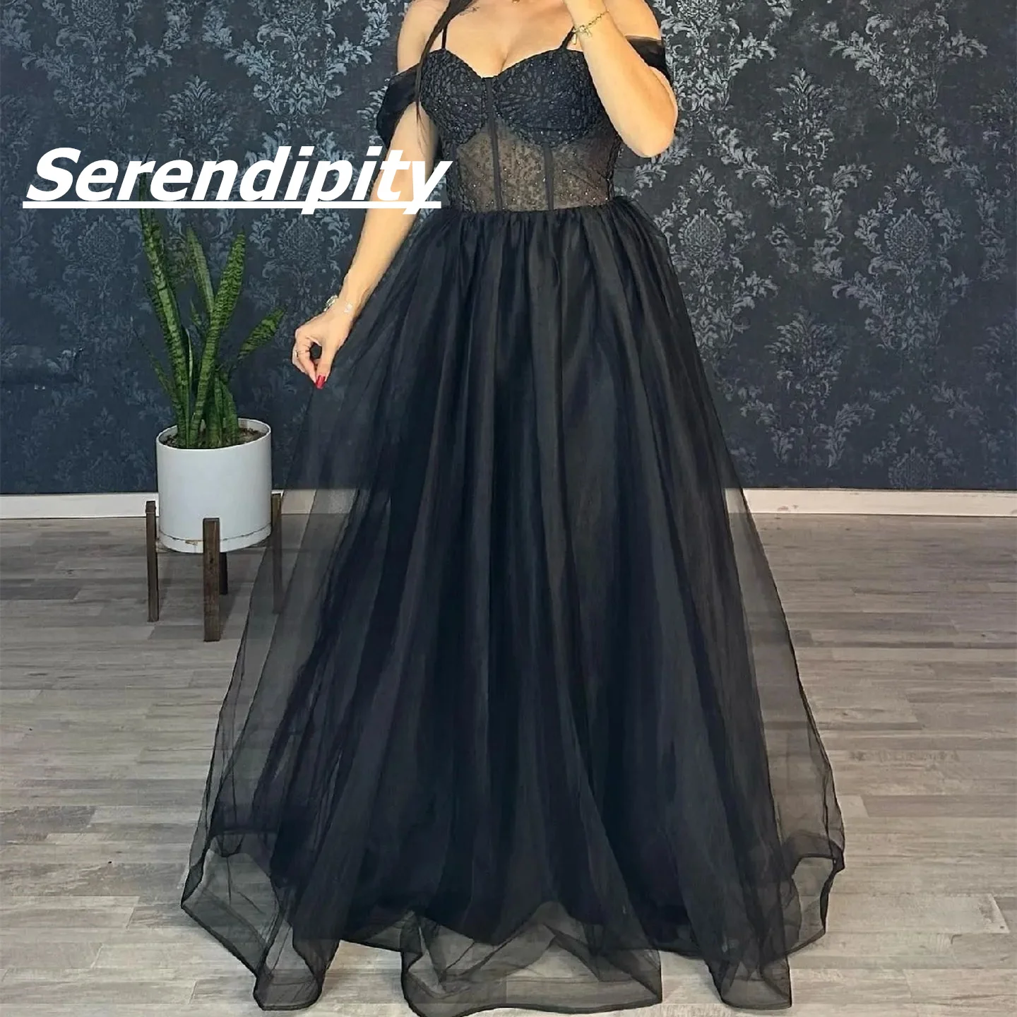 

Serendipity Ball-GownV-neck Floor-length Ruffle Lace Sash Zipper Up Sleeveless Black Prom Dress for Women 2023 abiti da sera