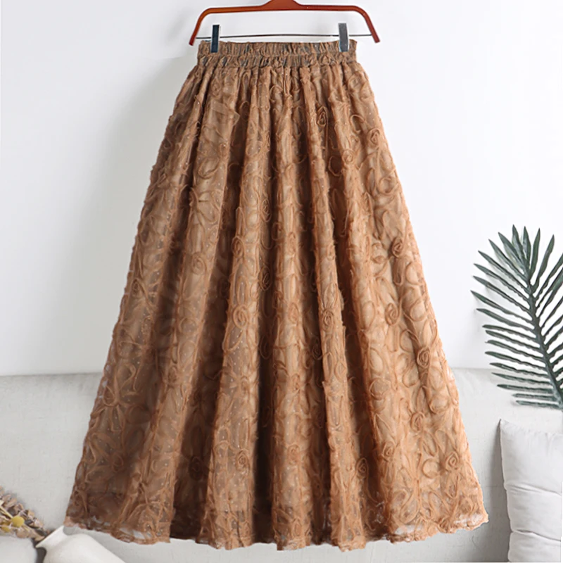 

Fashion Lace Skirts High Waist Elastic Jupe Mujer Faldas New Autumn&Winter Emboridery Skirt Casual Women Clothes Dropshipping