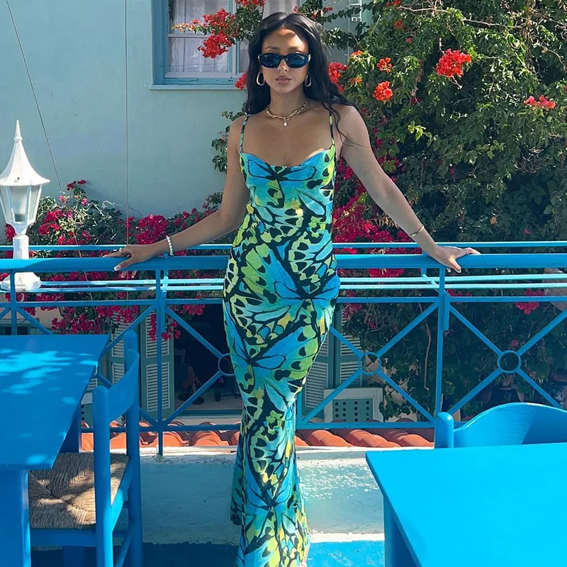 

Combhasaki Women Spaghetti Strap Sleeveless Dress Summer Casual Butterfly Print Bandage Backless Long Party Sundress Beach Club