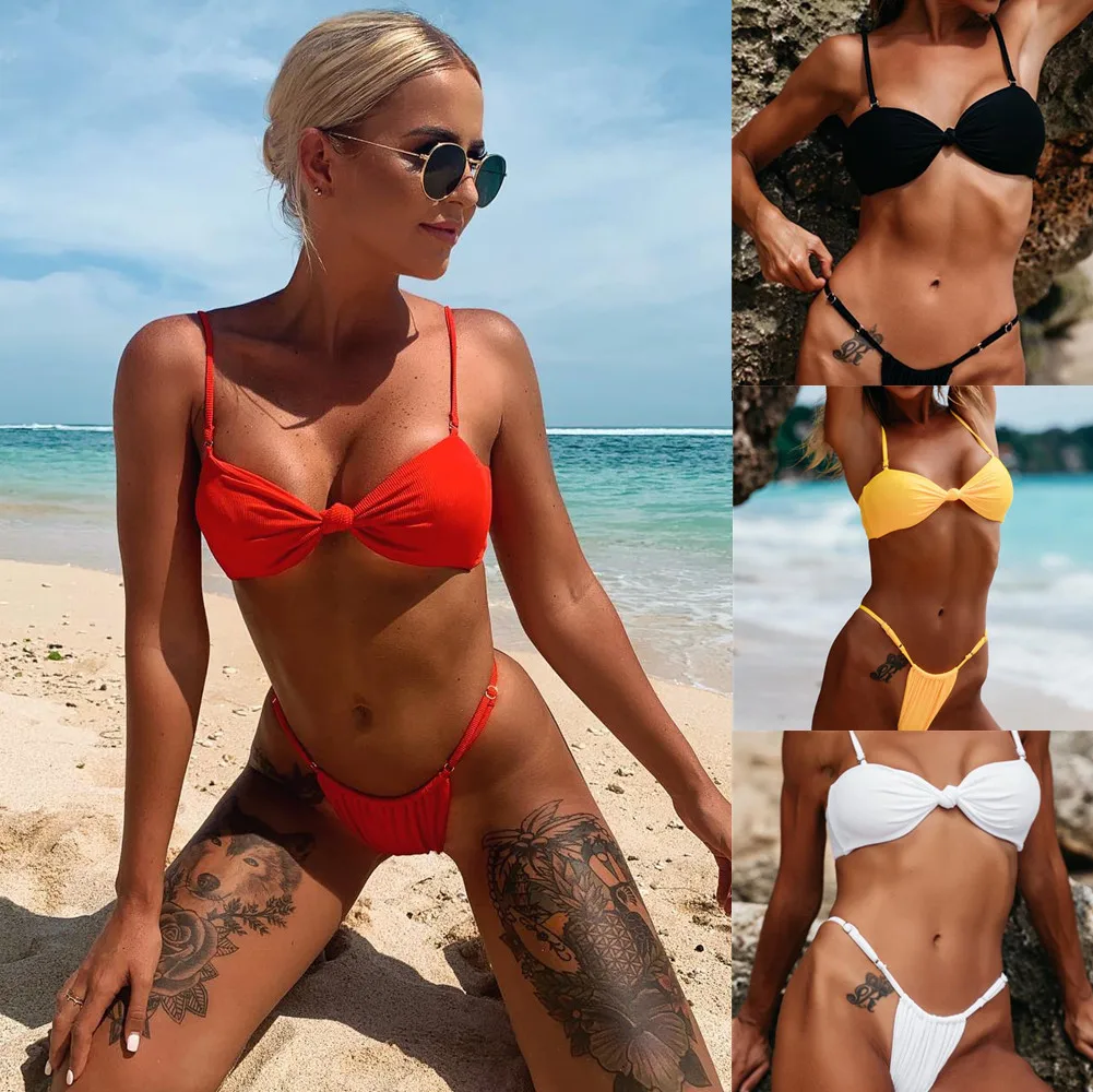 

New Red Chest Knot Sexy Bikini Hot Selling Women White Swimsuit Wholesale Swimwear for Women Cute Bathing Suits Woman 2020