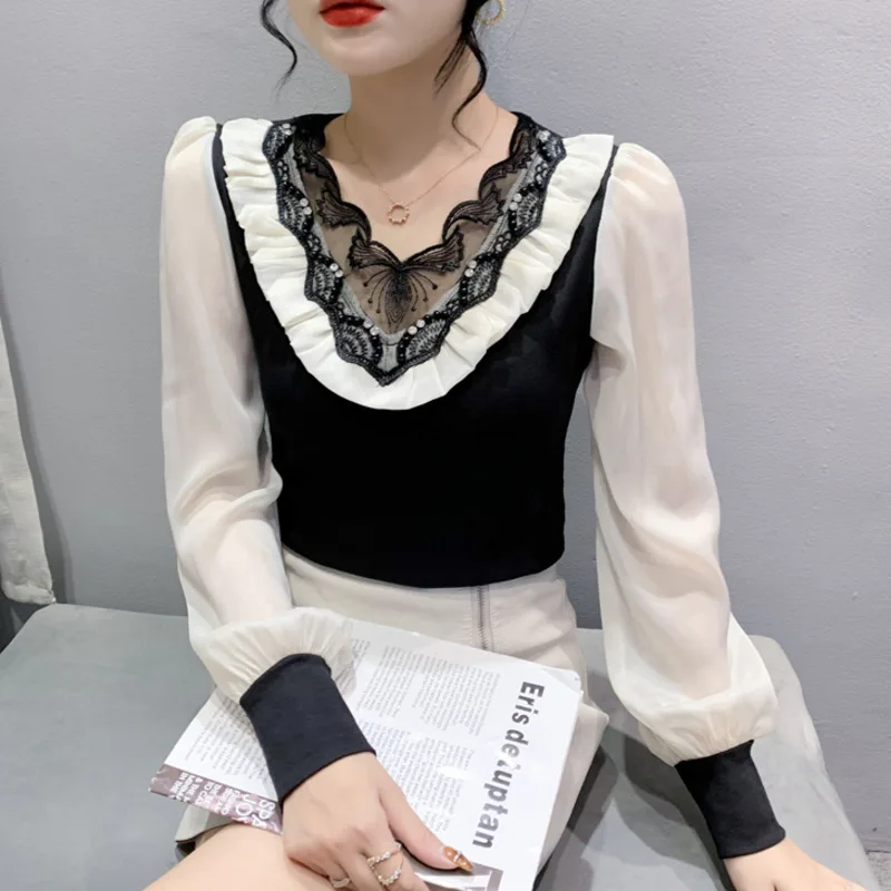 

Chiffon Long Sleeve T Shirt Women V-neck Spliced Lace Ruffles Diamonds Vintage Office T Shirt Femme Slim Sexy Short Tshirt