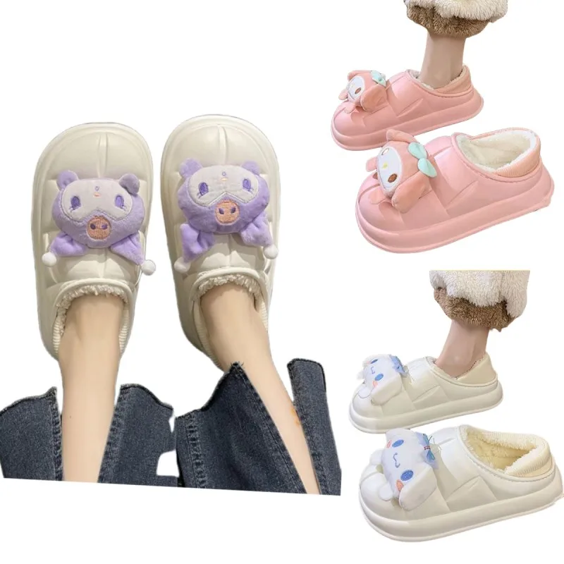 

Симпатичные Sanrios Cinnamoroll Kuromi My Melody женские плюшевая хлопковая обувь аниме мультфильм кавайная девушка зимняя теплая уличная водонепроницаемая обувь