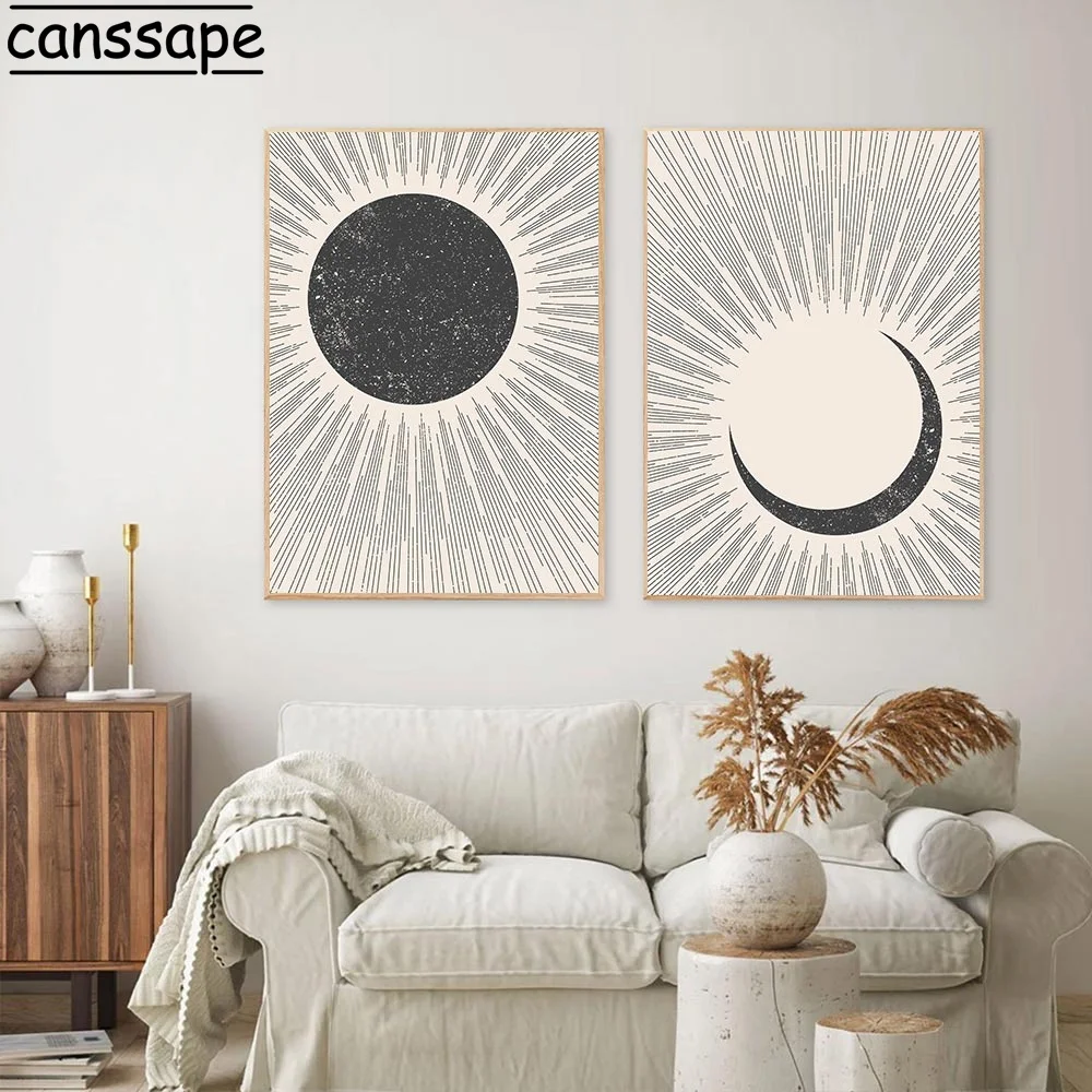 

Абстрактная живопись на холсте солнце и луна, настенные художественные принты, минималистичный плакат, настенные современные картины на ст...