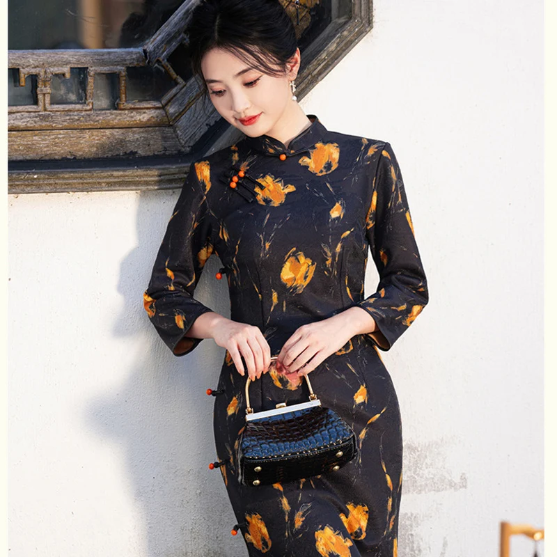 Plus rozmiar 3XL Qipao eleganckie kobiety Cheongsam Vintage sukienka w stylu chińskim seksowny nadruk długie rękawy Vestidos sukienki na co dzień