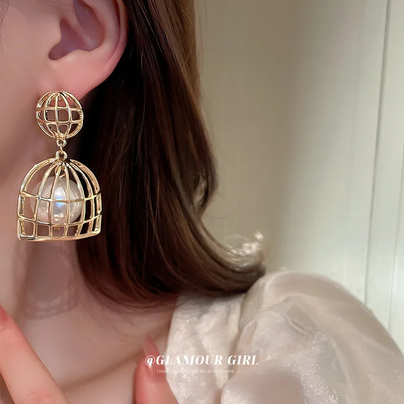 

Star Same Silver Needle Pearl Birdcage Earrings French High-grade Vintage Exaggerated Personality Design