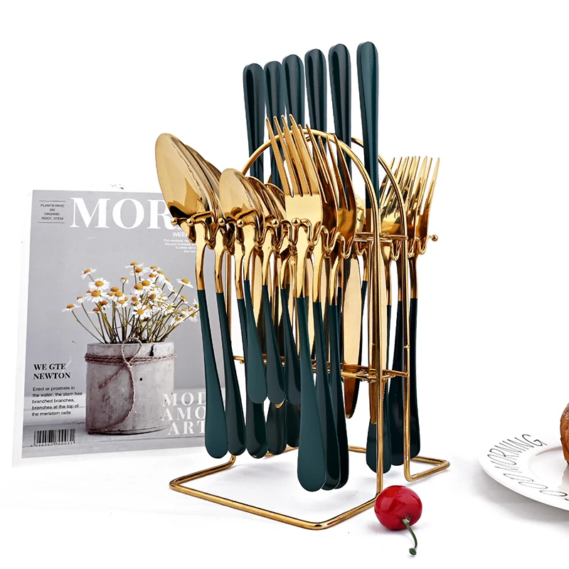 

Stainless Steel Green Gold 24Pcs Flatware Cutlery Set Dinner Knife Fork Coffee Spoon With Luxury Storage Rack Dinnerware Set
