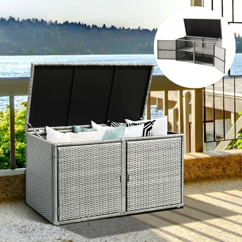 

88 Gallon Garden Patio Rattan Storage Container Box 2 Layers Inner Space Durability Heavy Duty Steel Frame Garden Storage Box