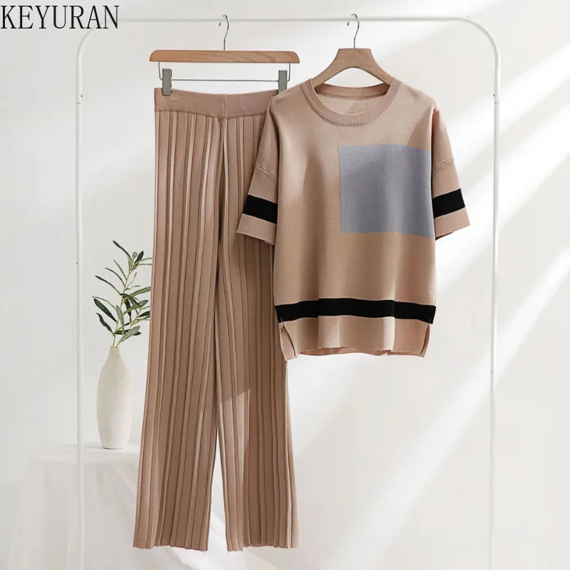 

Женский трикотажный костюм из двух предметов, шикарный пуловер с коротким рукавом и брюки с широкими штанинами из вискозы в Корейском стиле, спортивный костюм, лето 2023