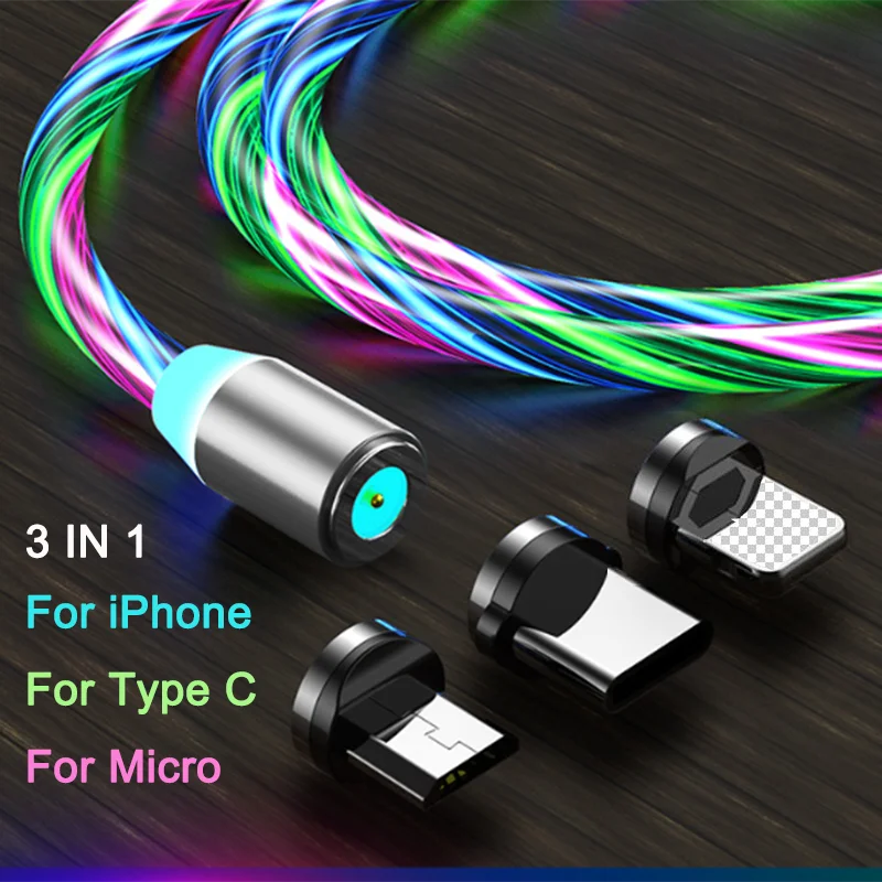 

Magnetic Flow Luminous Lighting Charging 3in1 Mobile Phone Cable Cord Charger Wire for Samaung LED Micro USB Type C for Iphone