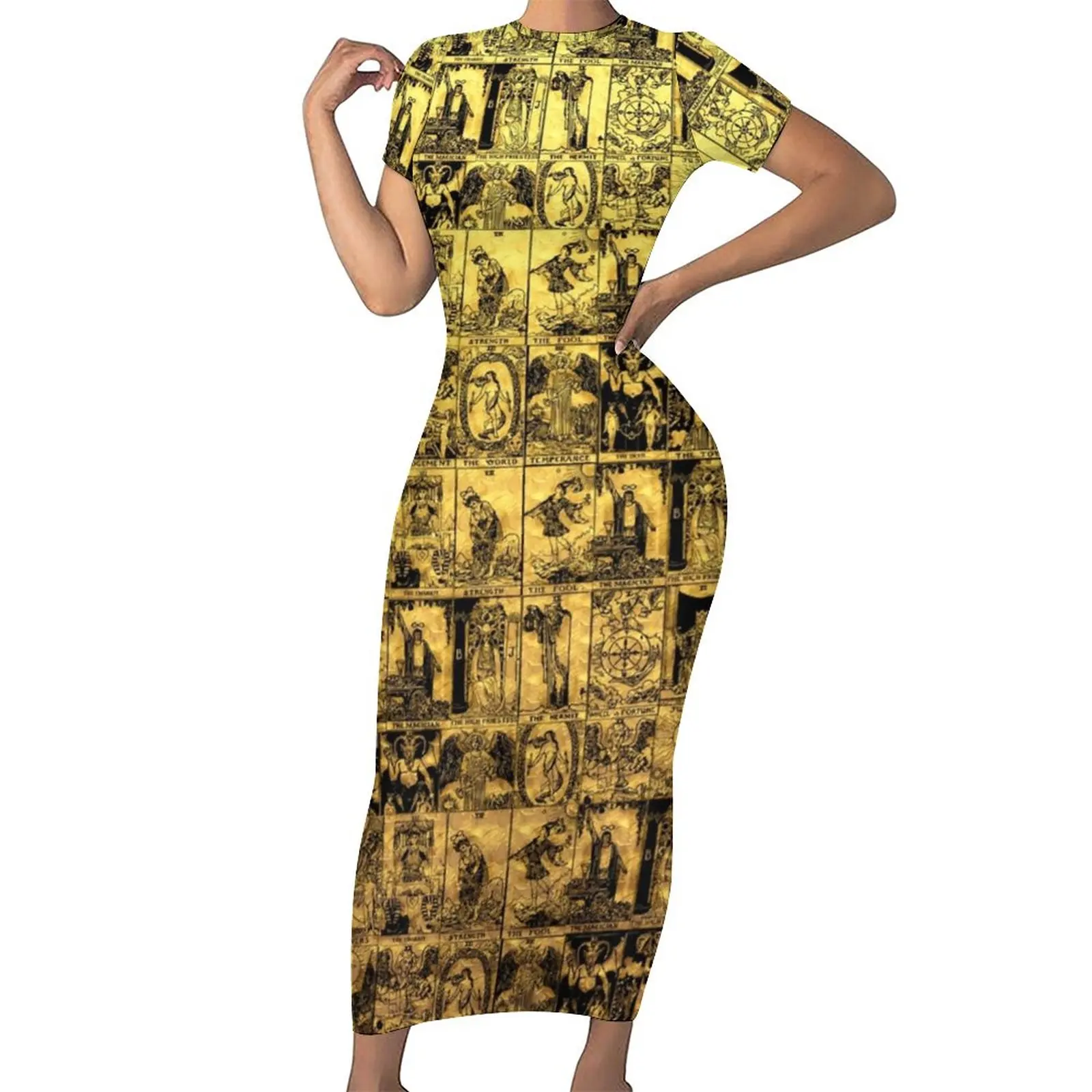 

Gold And Black Tarot Dress Major Arcana Print Aesthetic Bodycon Dress Short Sleeve Elegant Maxi Dresses Design Oversize Vestidos