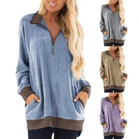 women springsummer long sleeve contrast sweater t shirt zip stand collar pocket pullover sweatshirt