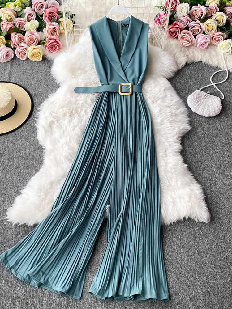 

E GIRLS Vintage Notched Collar Draped Rompers For Women Sleeveless High Waist Wide Leg Playsuits Female Beige/Green Jumpsuit