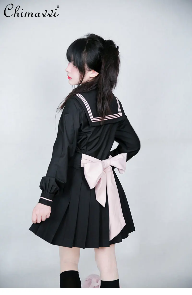 JK Original Spring Autumn Bow Sailor Suit New Long Sleeve Sweet College Style Top Skirt Elegant Kawaii Ladies Two-Piece Set