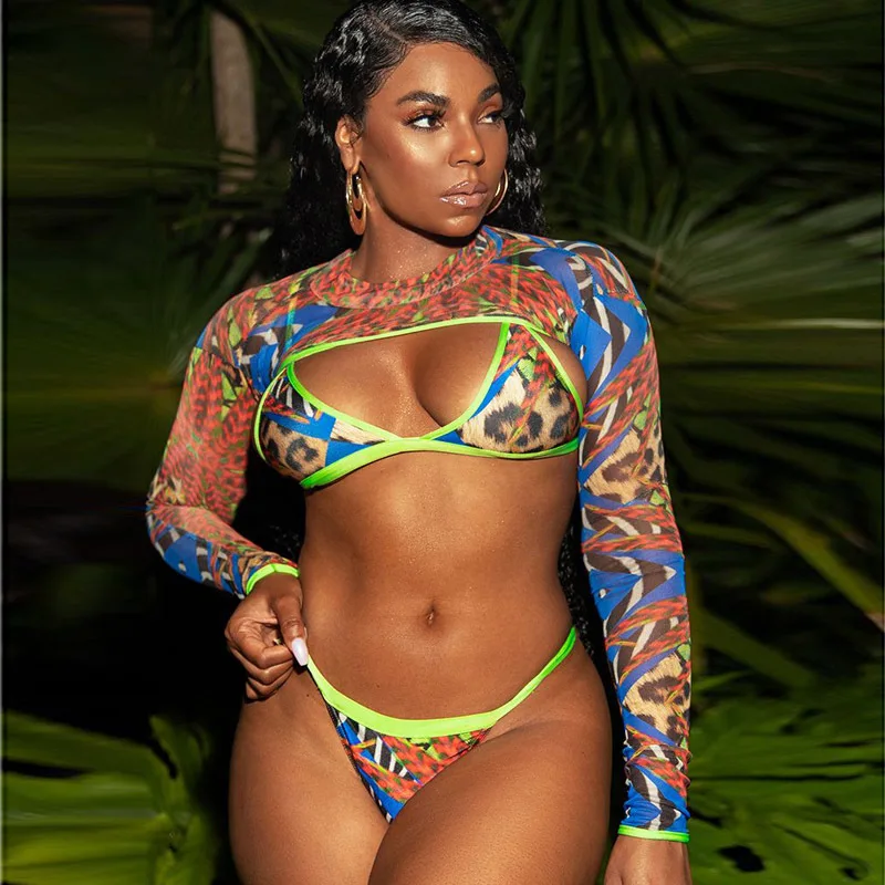 African Style Plus Size Mesh Perspective Long Sleeve Bathing Suit Women Miami Style Swimsuit Female Swimwear Bikini Maillot 5XL