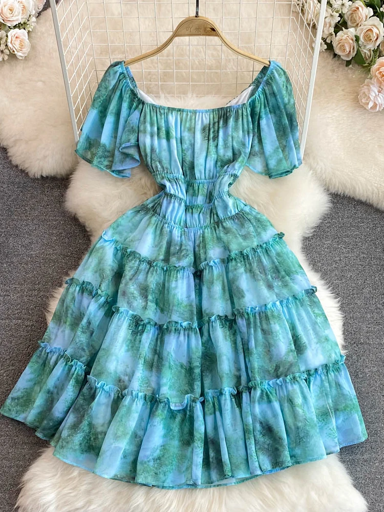 

Women summer Dress Temperament Square Collar Bubble Short Sleeve Waist Slim Oil Painting Print A-line Dress Cake Vestidos D2482