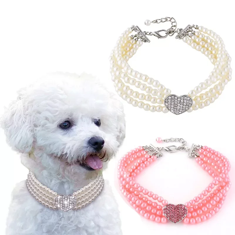 

NEW2022 New Puppy Dog Choker Four Rows Pearls Necklace Collar Shiny Rhinestone Heart Shape Pendant Cat Collar Jewellery Pet Supp