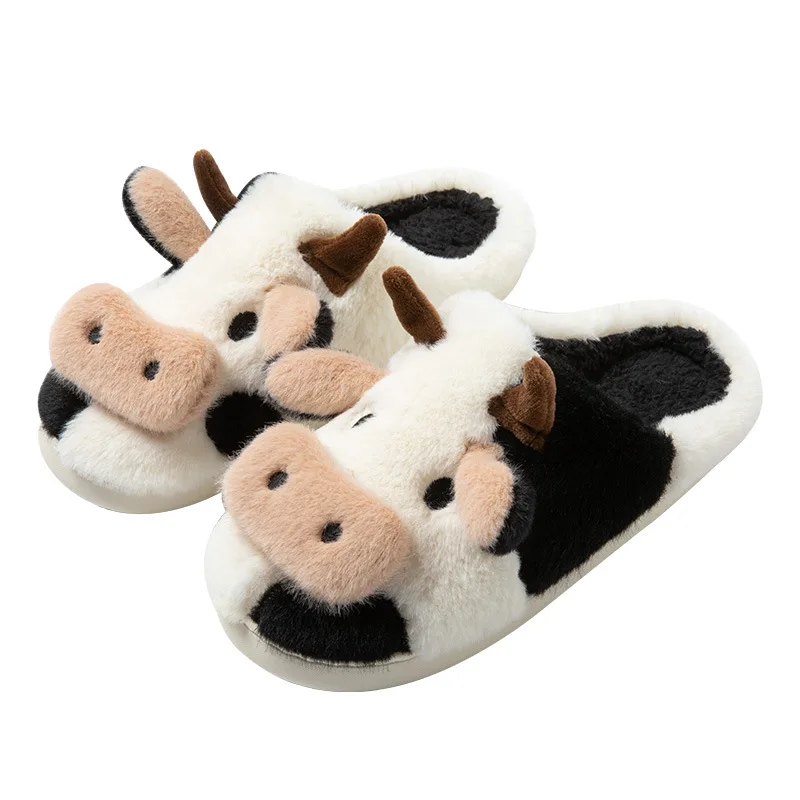 2022 Winter Anti-Skid Cotton Slippers Women Design Animal Funny Warm Plush Ladies' Slides Indoor Cartoon Cute Dairy Cattle Shoes