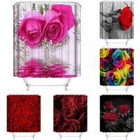 pink rose shower curtain for bathroom decor floral reflected water green leaves valentines day flowers bath curtains waterproof