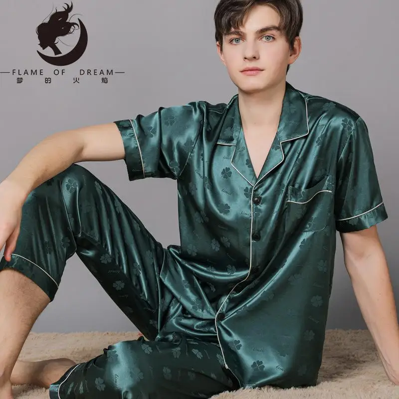 Flame Of Dream New Spring And Autumn Silk Pajamas Autumn Ice Silk Men's Pajamas Home Clothes Short Sleeve Large Suit 221044